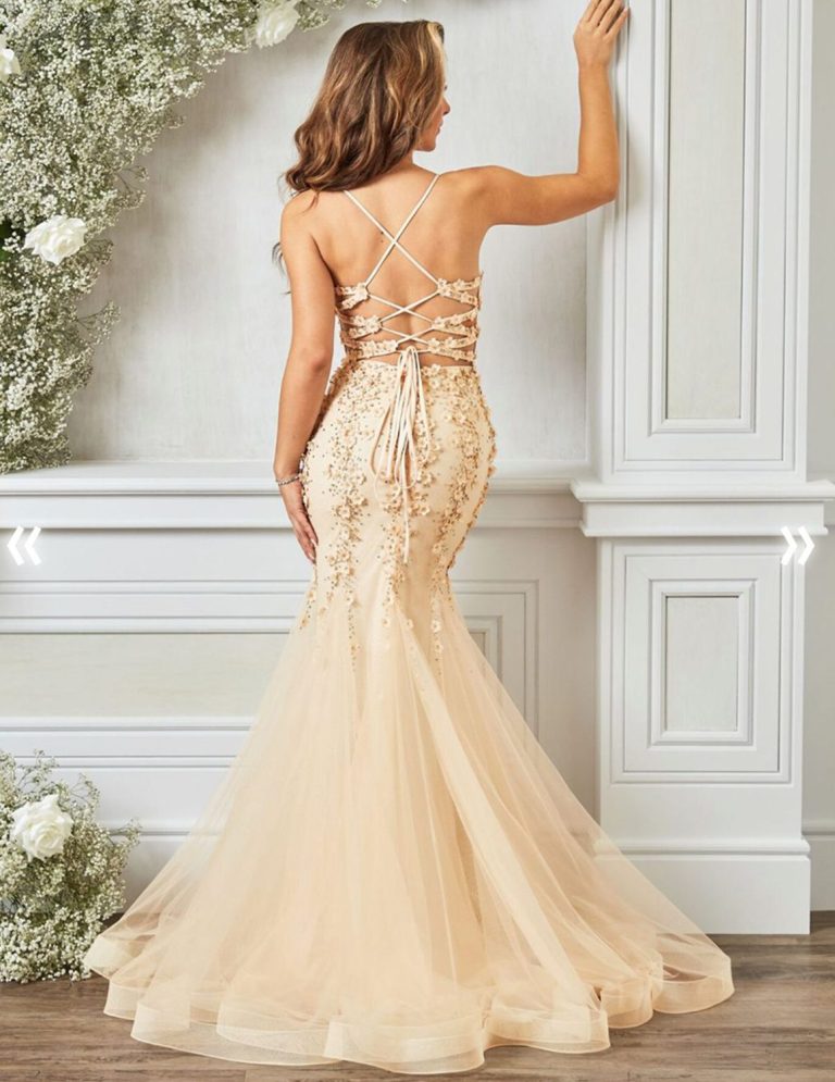 Beaded Fish Tail Dress Back View A woman in a fitted, peach mermaid gown with a lace back and flowing train.